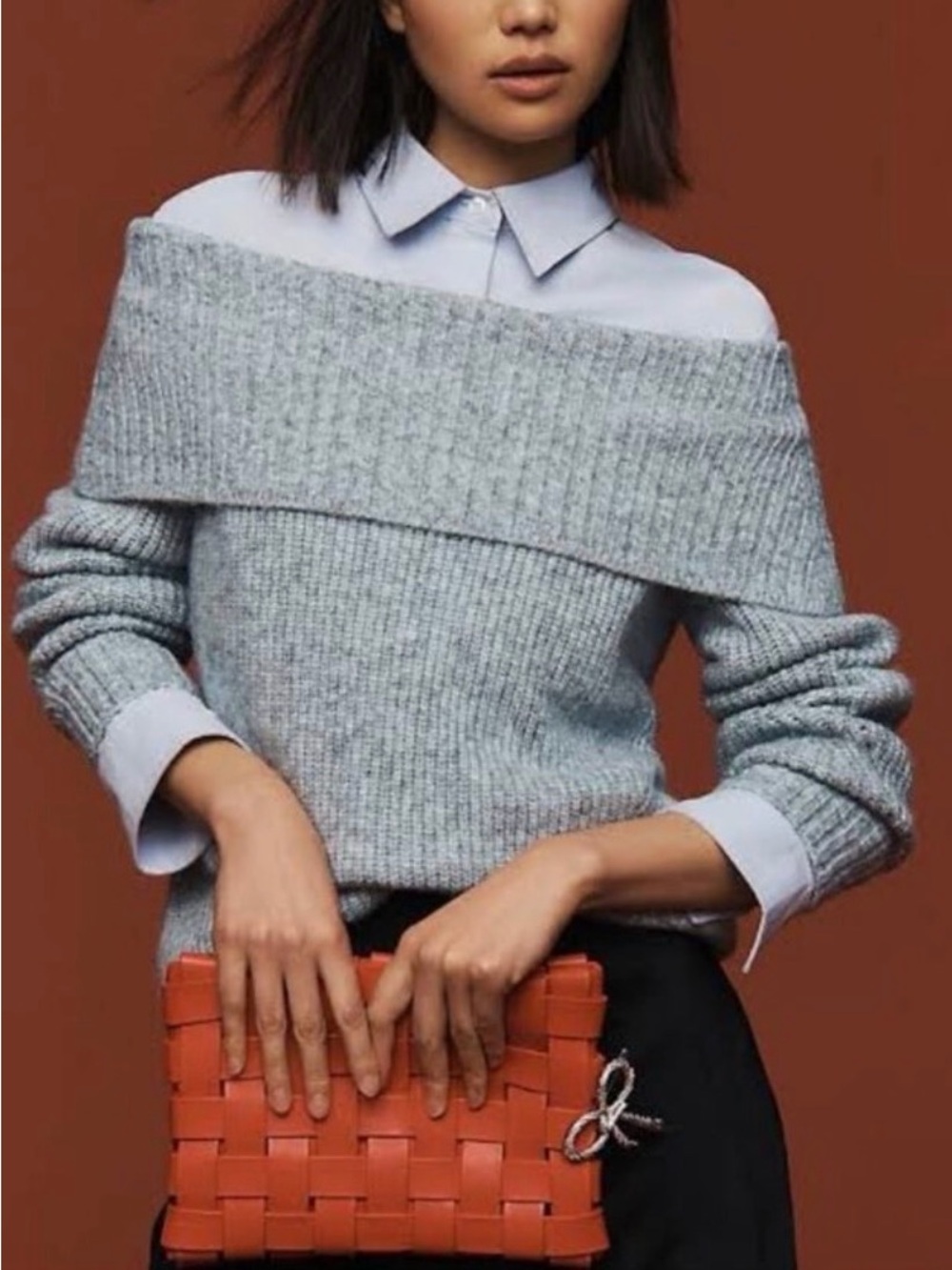 Pilcro Off-the-Shoulder Ribbed Sweater in Light Gray